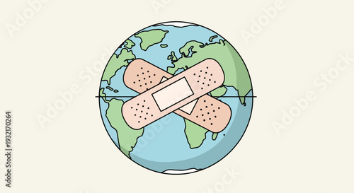 Cartoon Earth globe with adhesive bandages vector illustration representing global healing pastel colors and simple design isolated