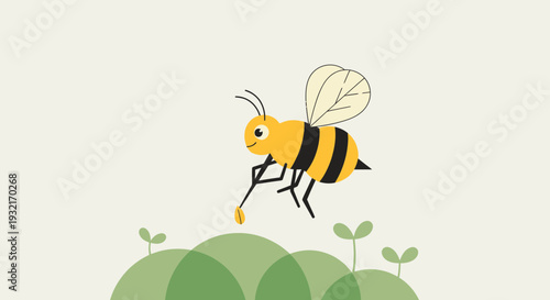 Cartoon honey bee pollinating seedling sprout over green hills in flat vector design with cream background for organic agriculture