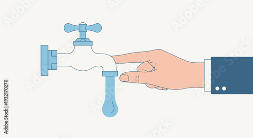Cartoon hand turning off leaky faucet with water drop in flat vector style for water conservation and plumbing concepts