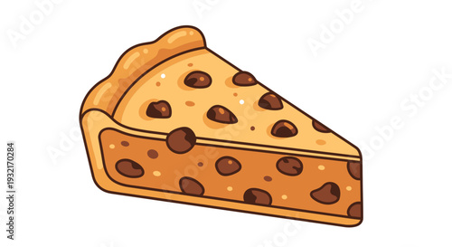 Cartoon illustration of a delicious slice of chocolate chip pie with flaky crust on a white background perfect for menu designs and food blog graphics
