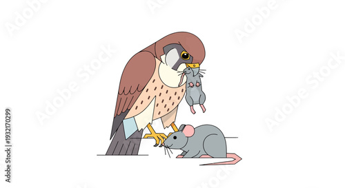 Cartoon illustration of a falcon perched with a mouse in its beak and another mouse at its feet vector style for creative projects