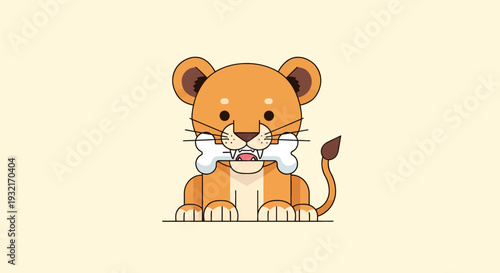 Cartoon lion cub chewing on a bone illustration in cute vector art style against a light beige backdrop for children's designs and animal themes