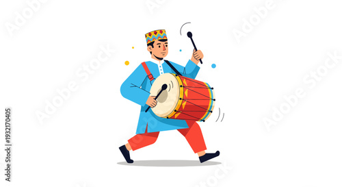 Cartoon man in traditional attire drumming vector illustration vivid colors festive celebration cultural performance joyful community event