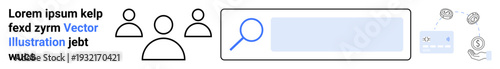 User experience, business analysis, online search, information retrieval, teamwork, entrepreneurship. Group icons, search bar and financial symbols. User experience and business analysis
