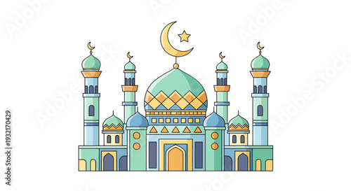 Cartoon mosque illustration with crescent moon and star in Islamic architectural style with minarets domes and geometric details against white background