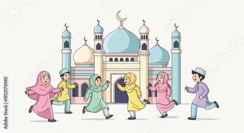 Cartoon muslim children running cheerfully near a mosque vector illustration in pastel colors for Ramadan celebration Eid al-Fitr design