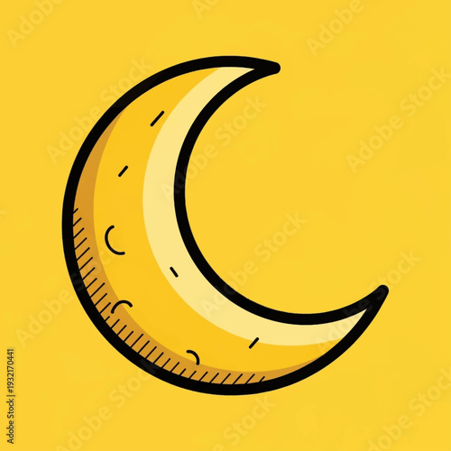 A cartoonish yellow crescent moon with black outlines on a bright yellow background, rendered in a simple graphic style.