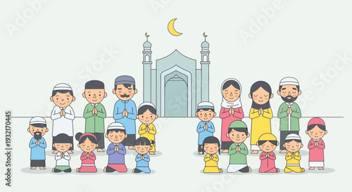 Cartoon Muslim family and children praying in front of mosque with crescent moon in vector art illustration for Ramadan celebration