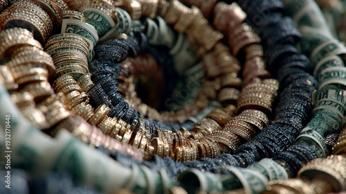 Compound Interest Power Concept With Expanding Spiral Structure, Layered Currency Growth Effect, Time Driven Wealth Accumulation Theme