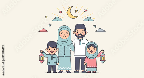 Cartoon Muslim family celebrating Ramadan Kareem with lanterns stars and crescent moon illustration in soft pastel color palette