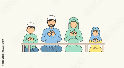 Cartoon Muslim family praying together behind table in Ramadan; Islamic father mother son and daughter in vector illustration