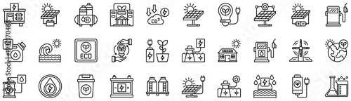 Renewable Energy icons collection. Vector illustration. Generator, Battery, Hydrogen, Factory, Co2, Solar panel, Light, Solar cell, Solar, Fuel. Pro Vector	
