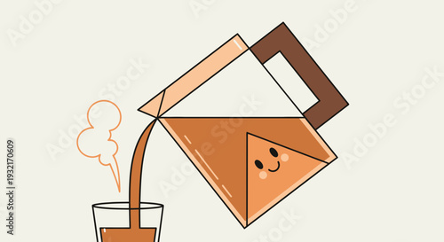 Cartoon pitcher pouring brown liquid into glass; cute geometric food and drink vector illustration on beige background ideal for menu design