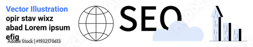 Digital marketing, SEO strategies, data analytics, global connectivity, keyword research, business growth. Globe icon, cloud symbol and bar chart arrow trending upward. SEO strategies and global