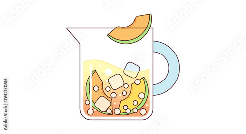 Cartoon pitcher filled with melon drink ice cubes and fruit slices isolated on white for summer refreshment and healthy lifestyle design elements