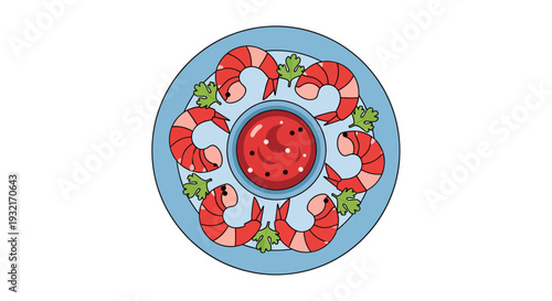 Cartoon shrimp cocktail illustration on light blue plate with red dipping sauce garnished with parsley cute seafood appetizer graphic
