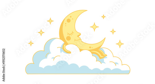 Cartoon sleeping crescent moon resting on a fluffy cloud surrounded by stars vector illustration for children's book design