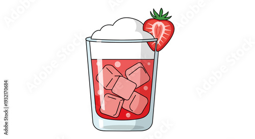 Cartoon strawberry cocktail illustration with ice cubes and whipped cream in a vector style on a bright white background for graphic design use