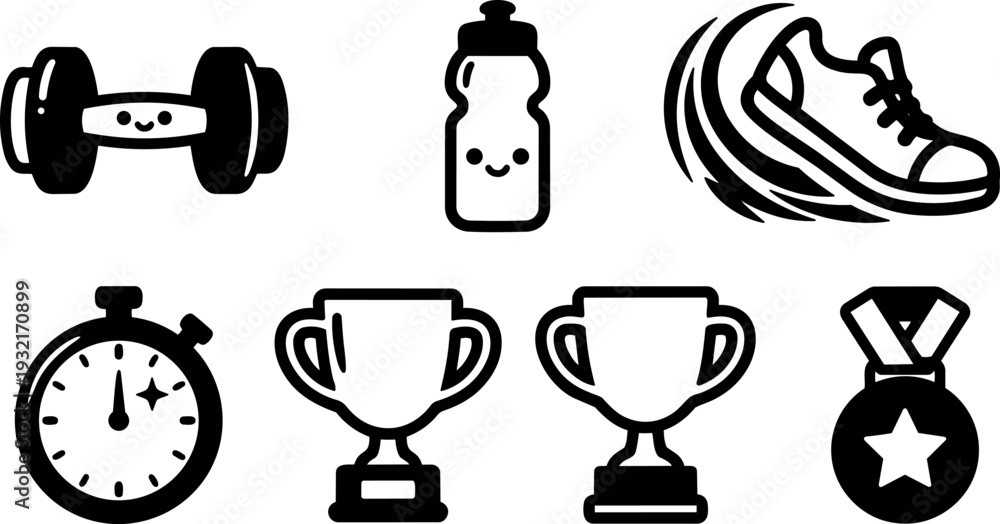 Fototapeta premium Minimalist line art fitness icon set close up dumbbell water bottle running shoe stopwatch trophies and medal isolated on white