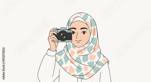 Cartoon woman in hijab taking picture with camera capturing moment graphic illustration style pastel colors vector design for modern lifestyle