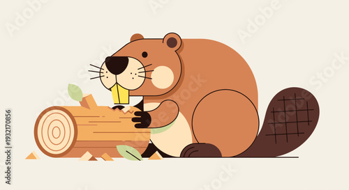 Cheerful beaver carving log with teeth illustration in cartoon style; cute wildlife animal chewing wood piece; flat design brown color
