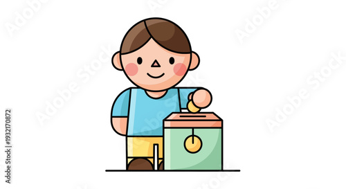 Cheerful boy putting gold coin in donation box illustration flat design vector concept with cartoon style fundraising for charity