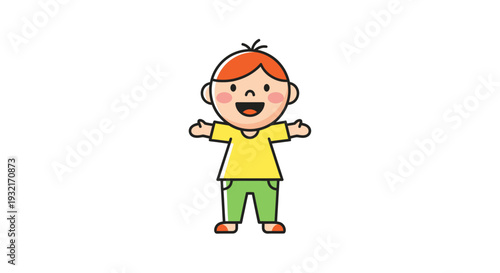 Cheerful cartoon boy with ginger hair smiling broadly and reaching out with open arms vector illustration for kids design isolated on white