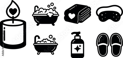 Minimalist flat design spa icon set candle bathtub towel eye mask slippers soap dispenser close up top view soft lighting