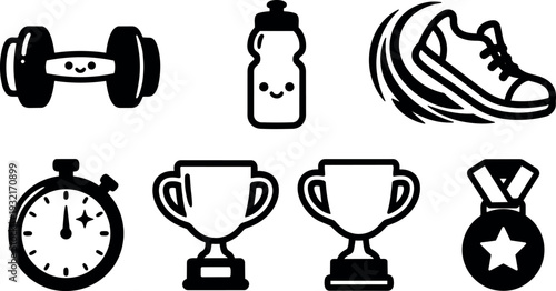 Minimalist line art fitness icon set close up dumbbell water bottle running shoe stopwatch trophies and medal isolated on white