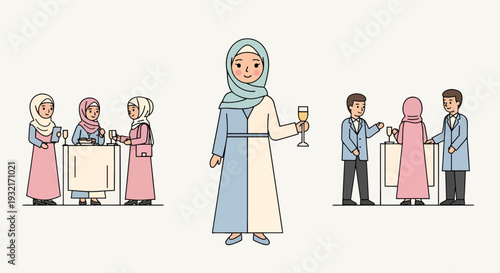 Cheerful Muslim woman in hijab holding wine at party illustration in cartoon style pastel colors friends socializing and celebrating
