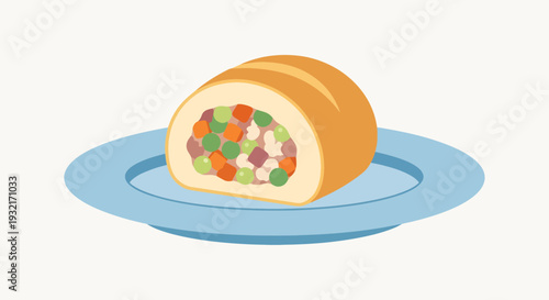 Chicken galantine slice on light blue plate illustration showcasing stuffed poultry roll filled with colorful vegetables for food presentation