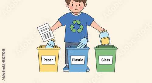 Child sorting recyclable materials into color-coded bins illustration; education on zero waste management recycling and environmental protection