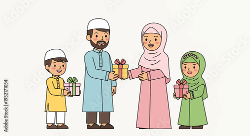 Cheerful Muslim family exchanging gifts during Eid celebration featuring a father mother son and daughter in cartoon style