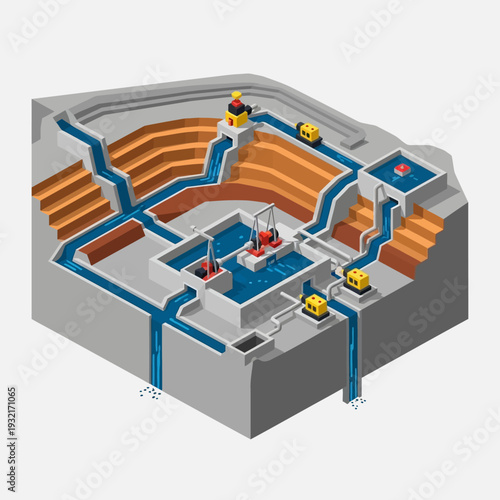 Detailed 3D diagram of a hydroelectric power plant infrastructure.