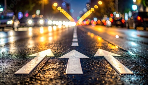Three white arrows pointing forward on a wet road at night with blurred lights in the background