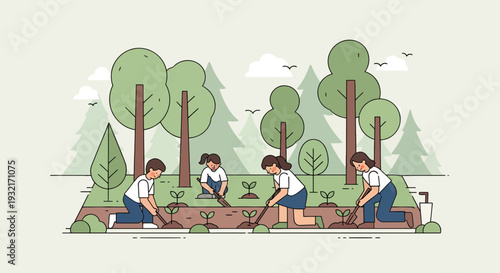 Children planting seedlings in garden sustainable lifestyle illustration community project for green environment ecological awareness and environmentalism