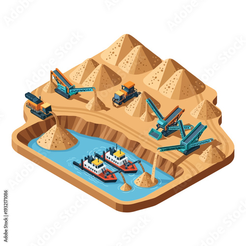 Isometric illustration of sand mining operation with excavators and dredgers.