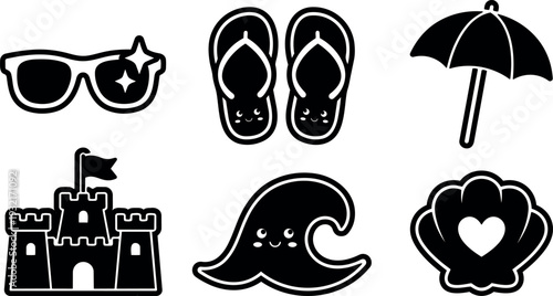 Flat design close up beach icons sunglasses flip flops umbrella sandcastle wave seashell with heart playful summer bold graphic composition