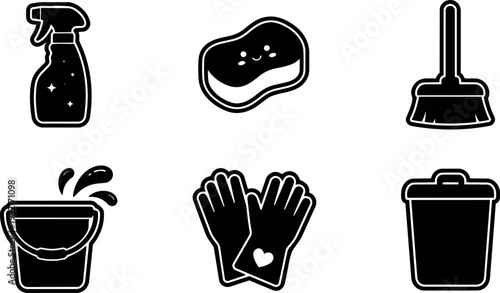 Flat design cleaning icons set close up six household cleaning tools spray sponge plunger bucket gloves trash bin sticker vector