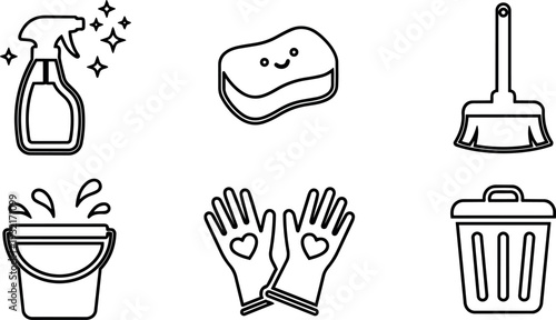 Minimalist line art cleaning icons set showing spray bottle sponge mop bucket gloves and trash bin in simple outline style