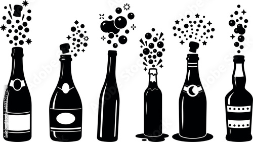 Flat design champagne bottles popping with cork bursts close up celebration silhouettes on white background festive mood black vector party