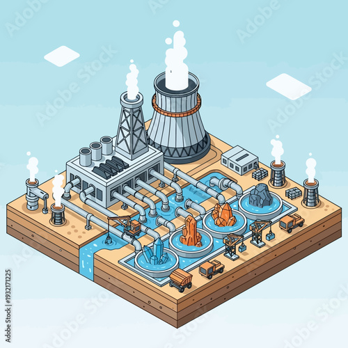 Isometric illustration of a geothermal power plant with industrial infrastructure.