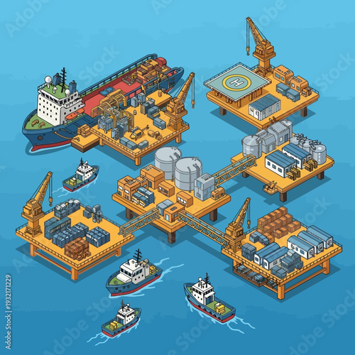 Offshore oil rig platform with ships and cranes in the ocean.