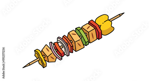 Colorful vegetable and tofu shish kebab illustration on a skewer featuring vibrant bell peppers and onions ideal for healthy eating designs