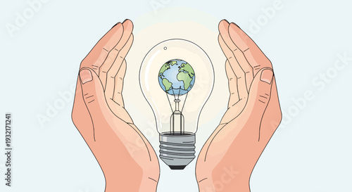 Conceptual lightbulb with Earth globe inside surrounded by hands illustration in cartoon style representing innovative environmental ideas