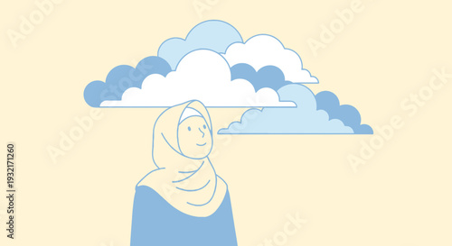 Contemplative Muslim woman in hijab looking up at peaceful blue sky clouds in a serene illustration style for inspirational designs