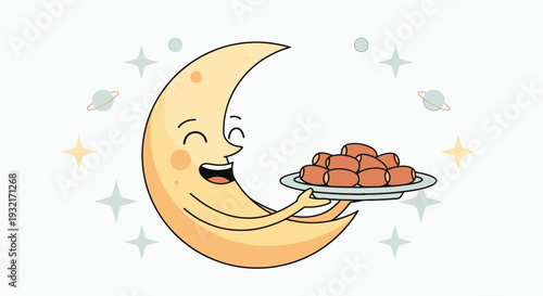 Crescent moon cartoon character serving a plate of sausage rolls surrounded by stars and planets cute vector food illustration