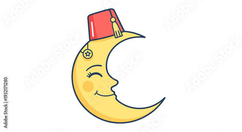 Crescent moon cartoon character wearing a red fez with a gold tassel whimsical cute mascot vector art for Ramadan and Middle Eastern design elements