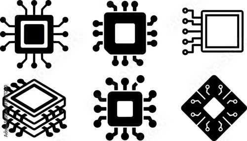 Flat line art microchip icon set top view minimal black and white vector symbols for tech branding close up simple