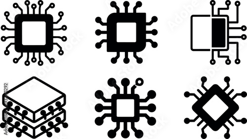 Flat design close up microchip icon set six variations top view black chip symbols on white background simple outline minimal